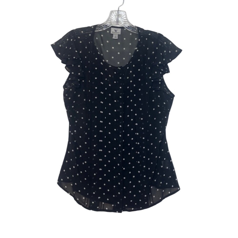 Worthington Polka Dot Ruffle Sleeve Blouse‎ Womens Large Black White Sheer Lined